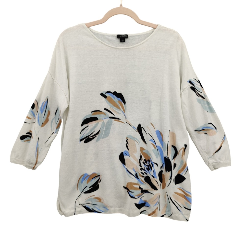 J. Jill Womens Coastal Art Linen Cotton Floral Sweater L Cream 3/4 Sleeve Top